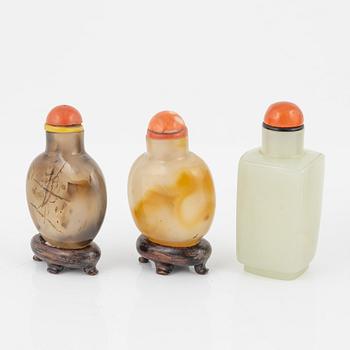 Ten snuff bottles, stone, glass and cloisonné, China, 20th century.