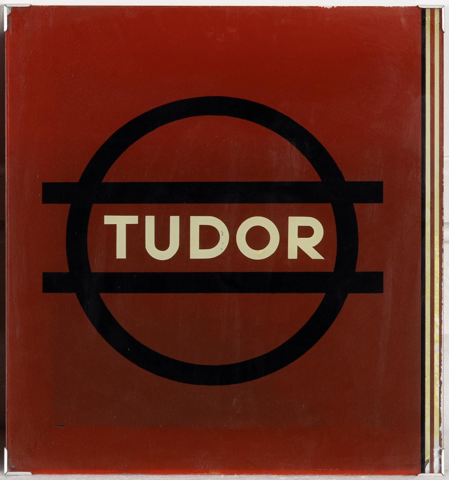 Three handpainted glass advertising signs, 'Tudor', Södermalms skyltfabrik, 1940's.