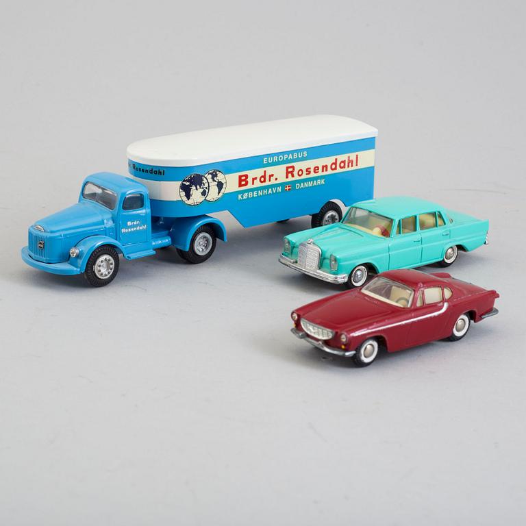 Three tin toy cars, Tekno Denmark, 1960s.