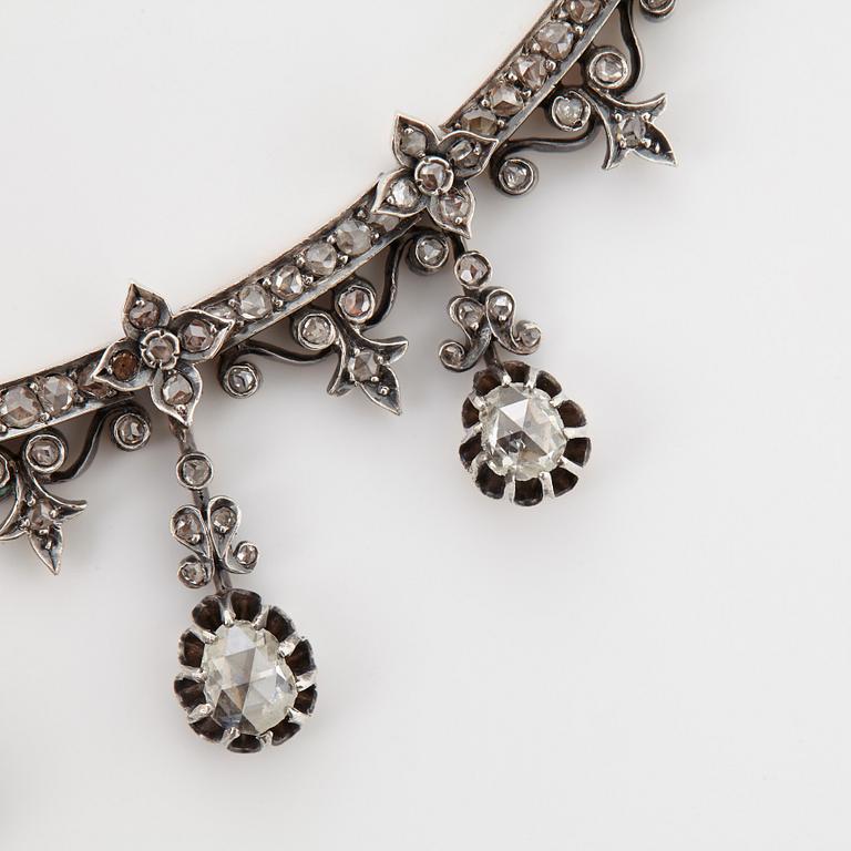 Collier 14K guld och silver med rosenslipade diamanter, 1800-tal.