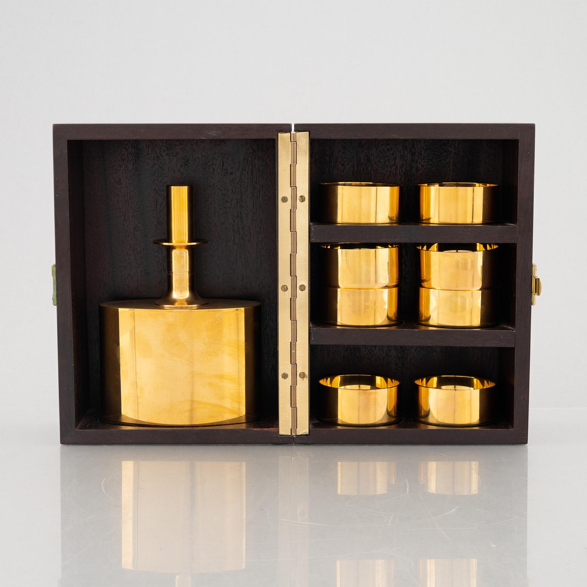 Pierre Forssell, eight gilded cups and a bottle, in a box, Skultuna, Sweden.