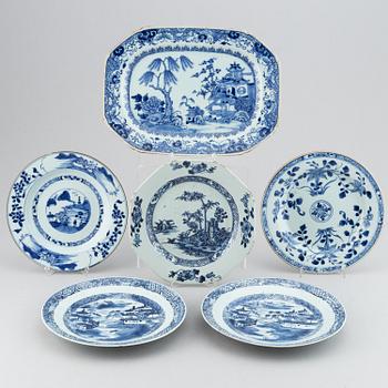 A blue and white serving dish and five odd blue and white dishes, Qing dynasty, 18th Century.