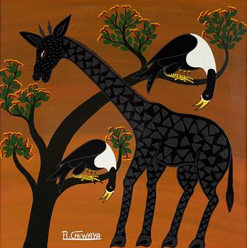 Rajabu Chiwaya, Giraffe and Birds in Tree. Around mid-20th century.