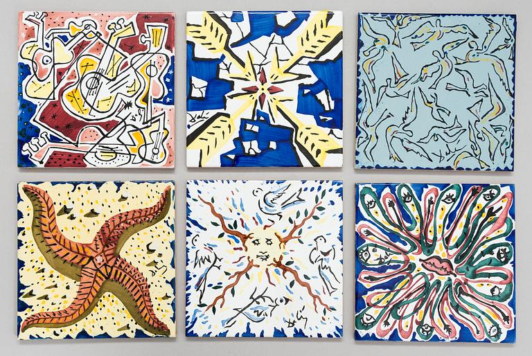 A set of six earthenware tile plates, after Salvador Dalí, late 20th century.