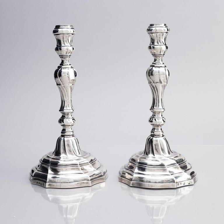 A pair of Belgian silver candlesticks, Hainaut, Ath, Belgium, 1768.