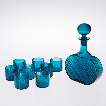 NANNY STILL, KARAFF SAMT GLAS, 8 ST, "Flindari", Riihimäen Lasi 1960-tal.