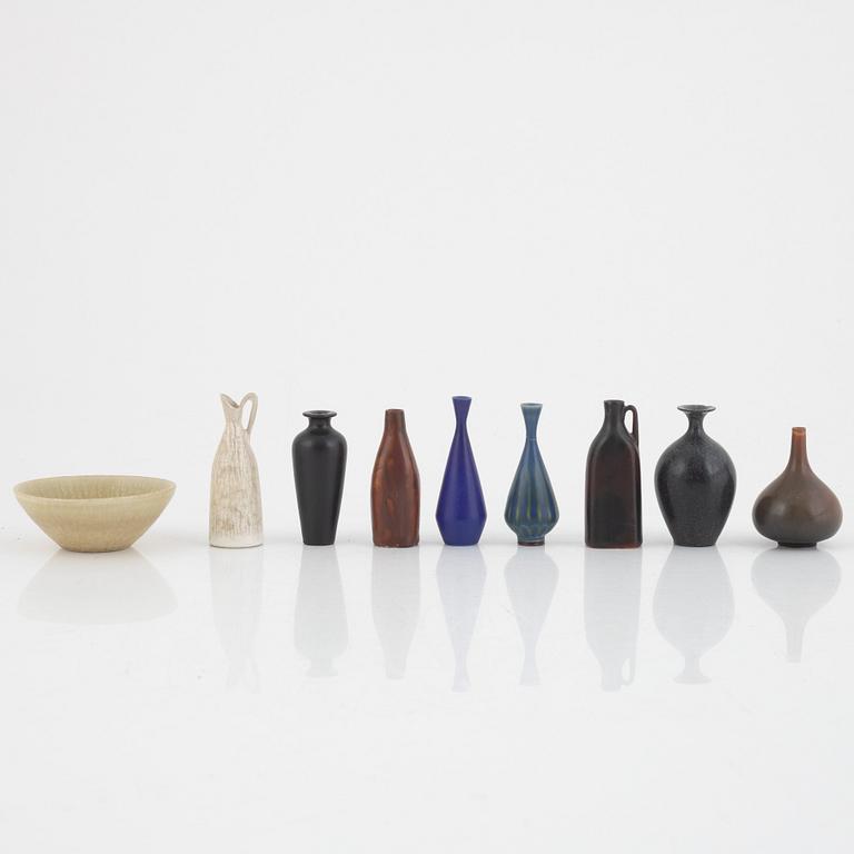 A set of nine stoneware miniatures, including Gunnar Nylund, Rörstrand.