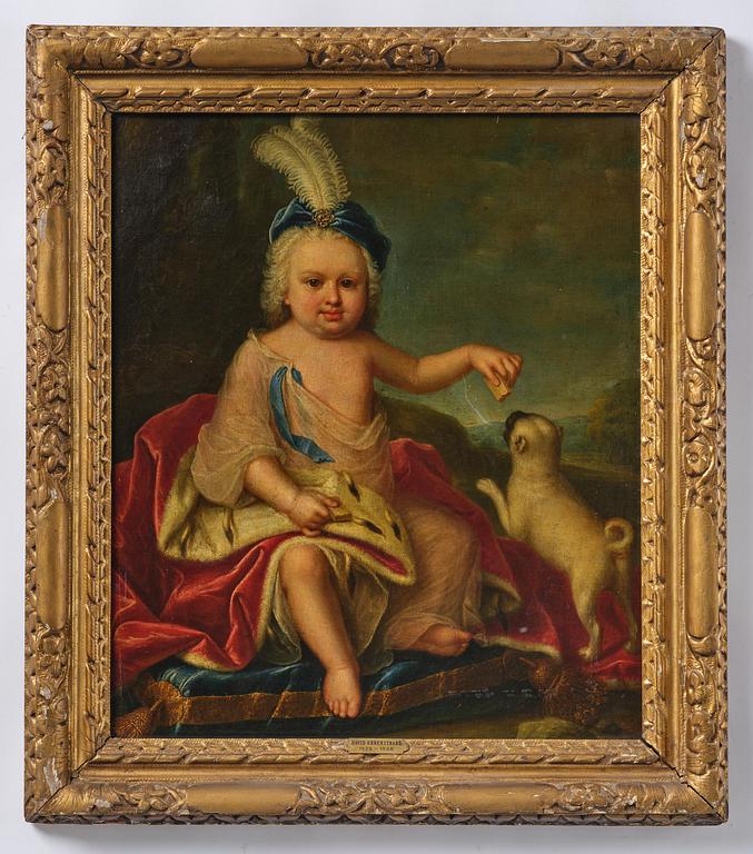 Nicolaes Maes, hans krets, Porträtt av en pojke i hermelinfodrad mantel och mops.