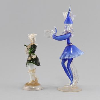 FIGURINER, 2 st, glas, Murano, Italien, 1900-talets andra hälft.