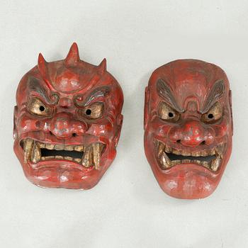 Two Japanese noo masks, Meiji,.