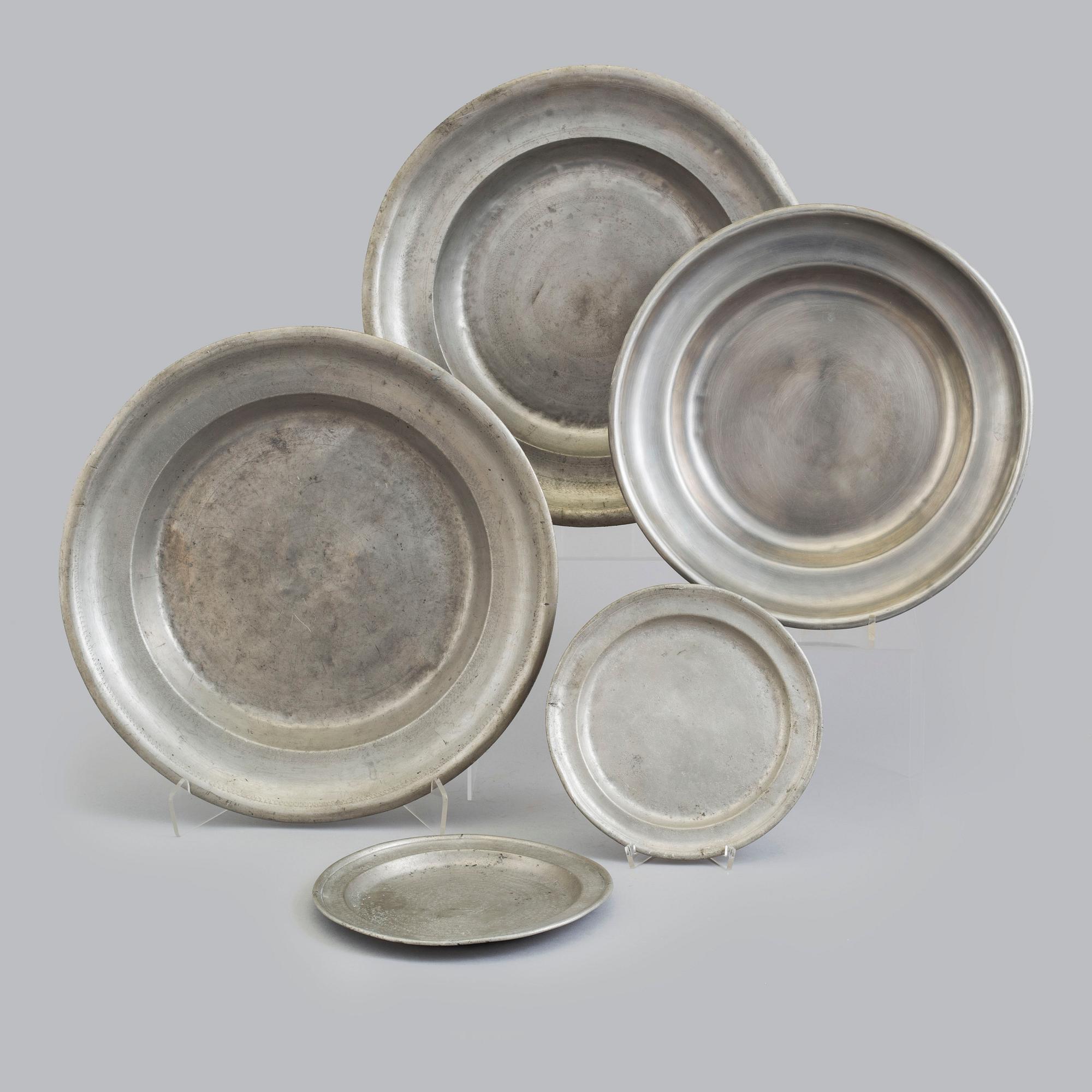 Five pewter dishes, second half of the 19th century and 20th century.