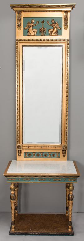 An early 20th century mirror with console table in late Gustavian style.