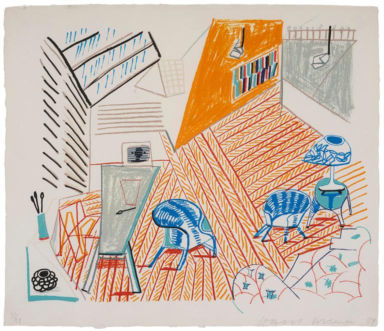 David Hockney, "Pembroke Studio with Blue Chairs and Lamp" from: "Moving Focus".