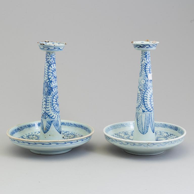 A large pair of Chinese blue and white porcelain incense holders/candle holders, Qing dynasty, 19th century.