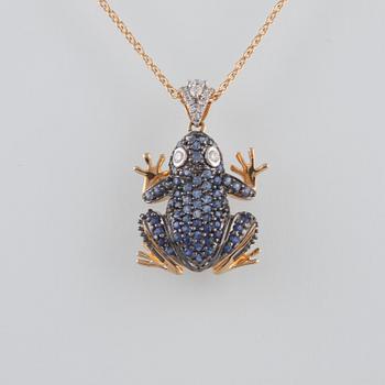 HÄNGE, 18K guld med briljantslipade diamanter och fasettslipade blå safirer ca 0.60 ct. Vikt 4,8 gram.