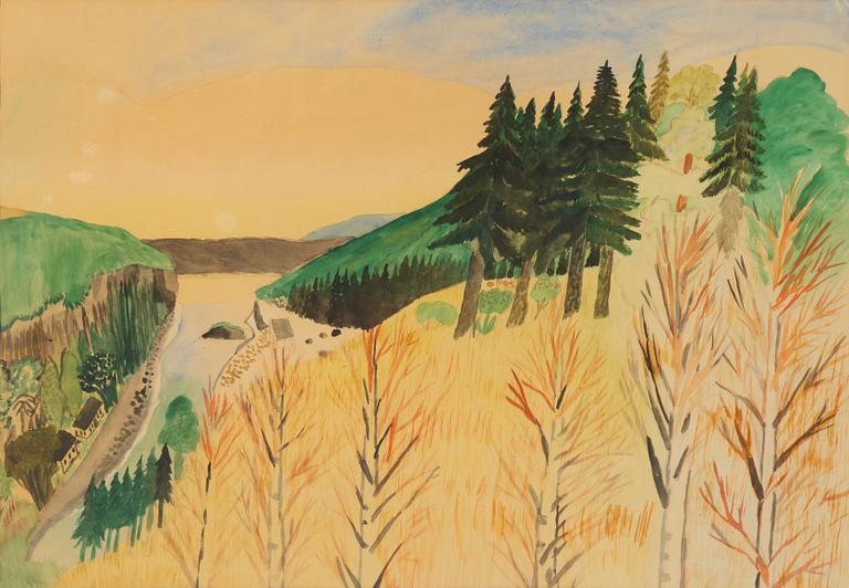 Primus Mortimer Pettersson, View over landscape with buildings by the rapids.