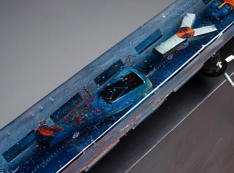 Bertil Vallien, a sand cast sculpture of a boat, Kosta Boda Sweden 2006, on original steel stand.