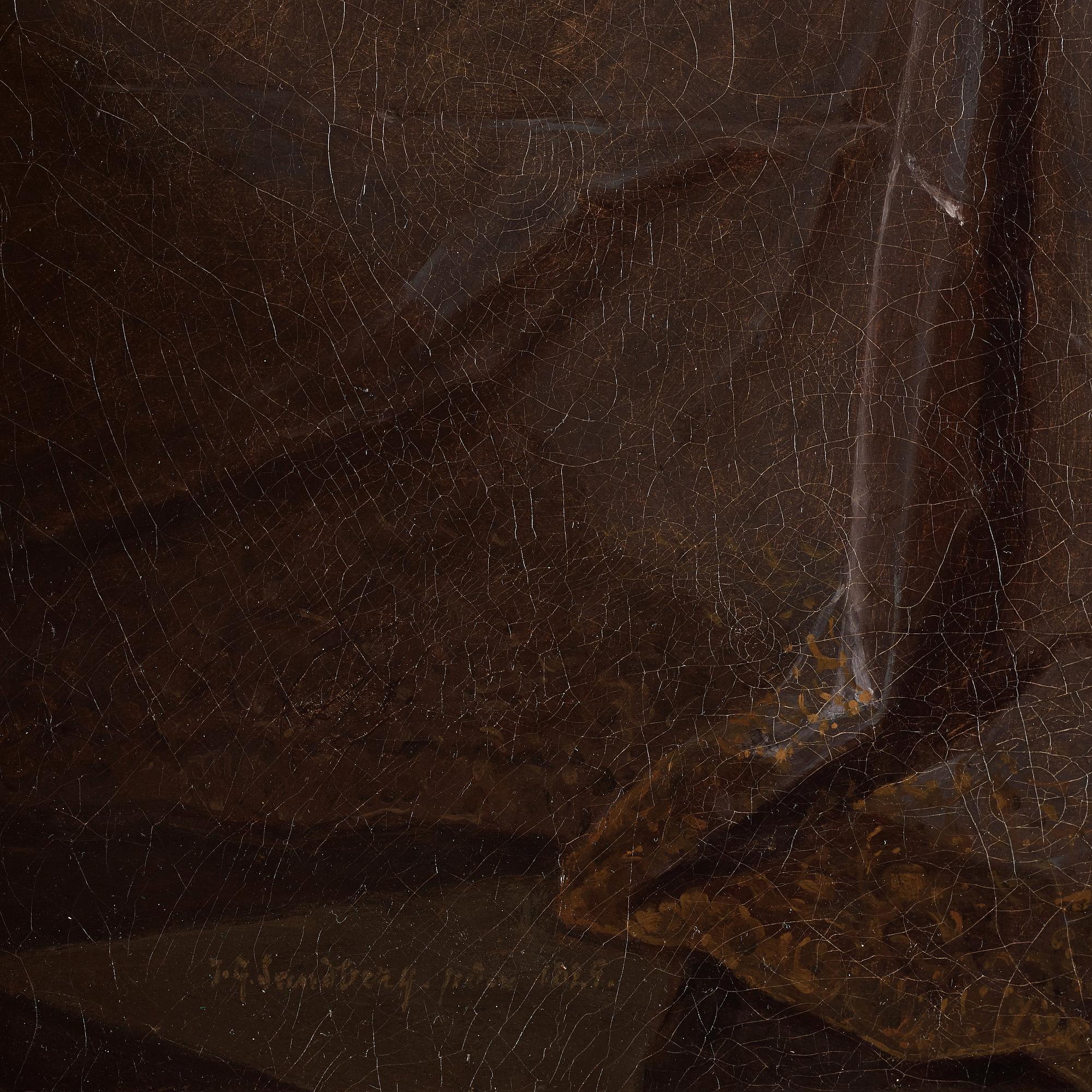 Johan Gustaf Sandberg, Gustav Vasa stående i en slottsinteriör intill ett draperat bord vilandes ena handen på Vasabibeln.