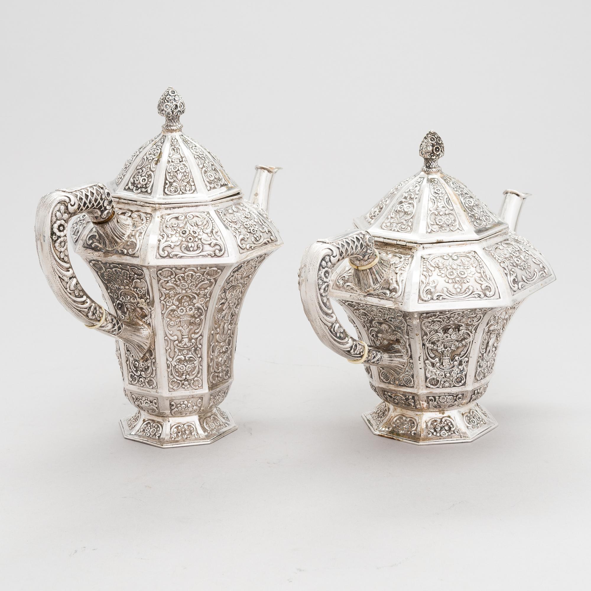 Te- och kaffeservis, 4 delar, silver, Tyskland 1900-talets första hälft.