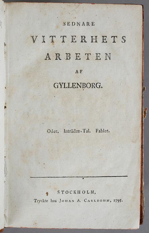 BÖCKER 4 BAND, "Vitterhetsarbeten" "Theaterstycken", Tåget öfver Bält av Creutz och Gyllenborg". Stockholm 1795-1812.