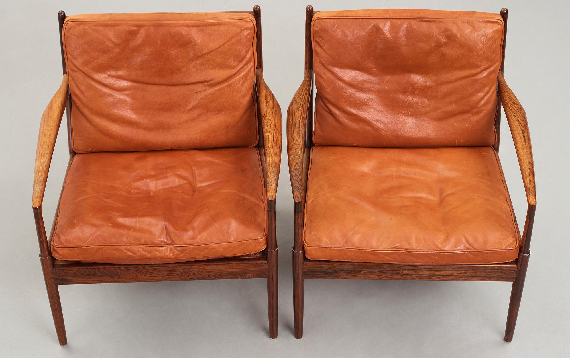 Ib Kofod-Larsen, a pair of "Samsö" palisander and brown leather easy chairs, Olof Persons Fåtöljindustri (OPE) Sweden 1960's.