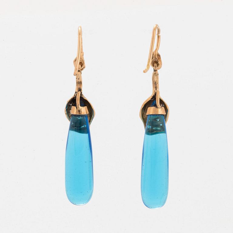 Colour treated blue quartz drop and brilliant-cut diamond earrings.