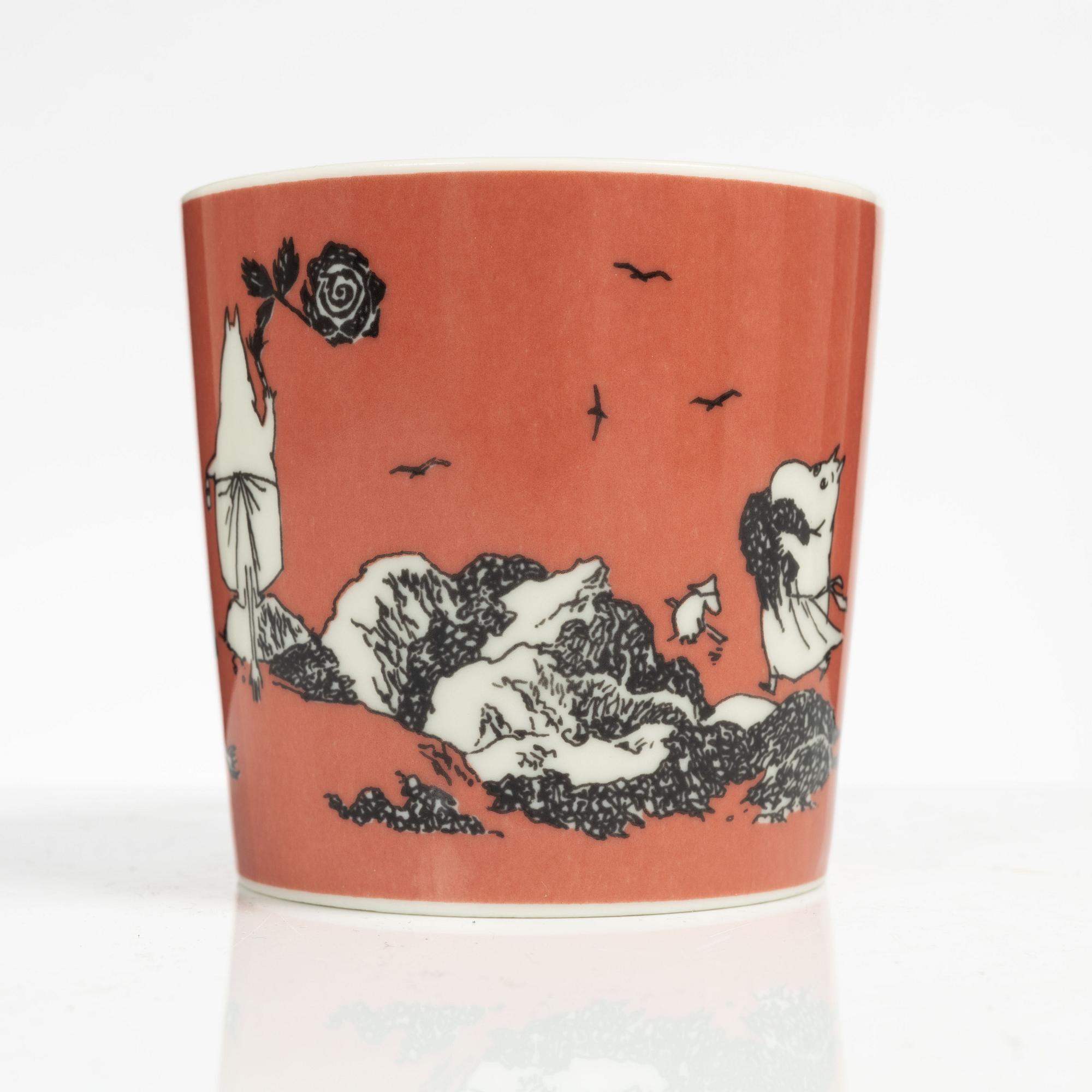 A Moomin mug, 'Dark rosa' with sticker, Arabia, Finland, 1991-99.