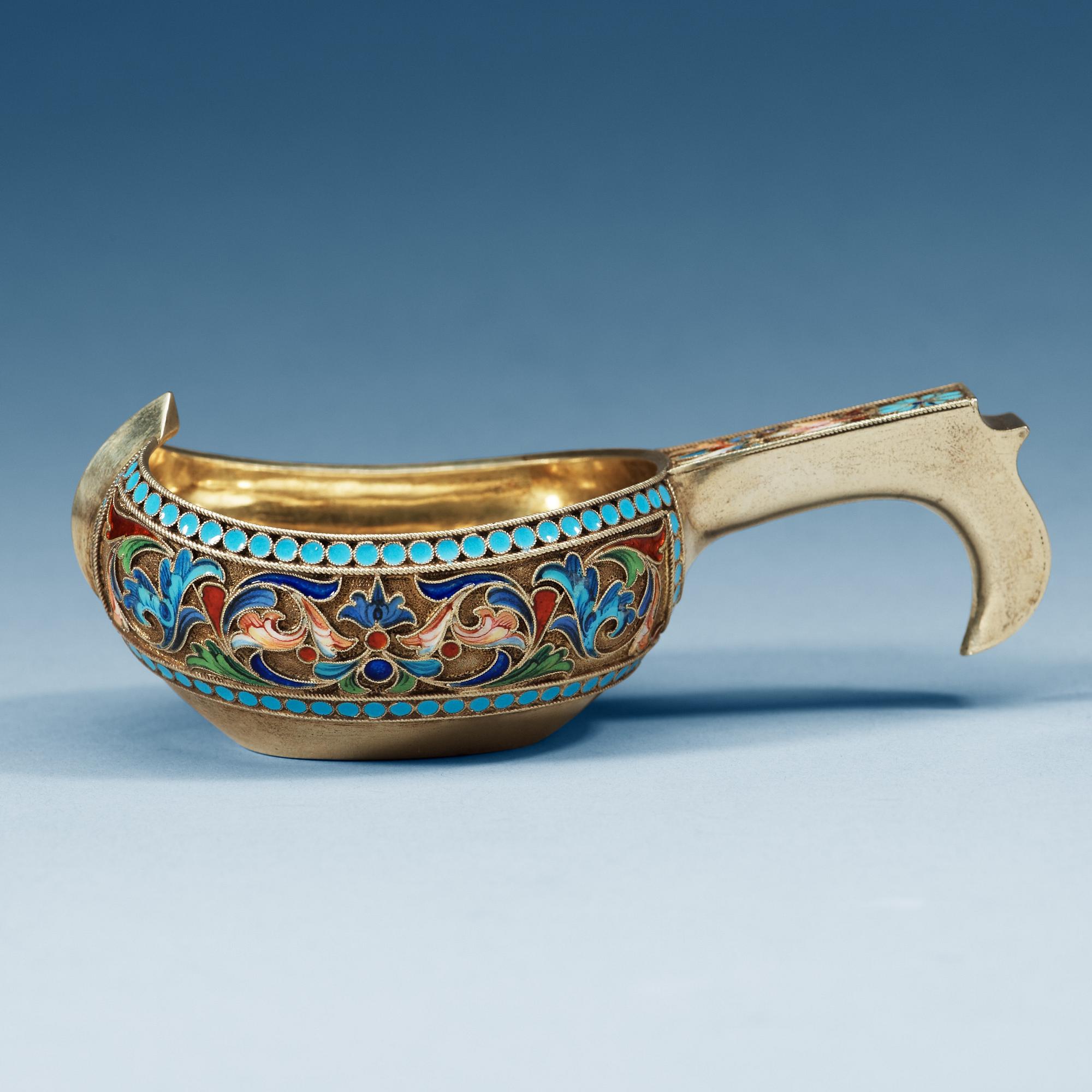 A Russian early 20th century silver-gilt and enamel, makers mark of Pavel Ovchinnikov, Moscow 1899-1908.