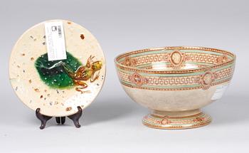 TALLRIK SAMT BÅLSKÅL, lergods resp flintgods, Höganäs resp Gustafsberg. Sekelskiftet 1800/1900.