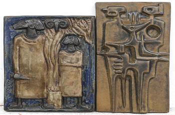 Åke Holm, two signed reliefs in glazed stoneware.