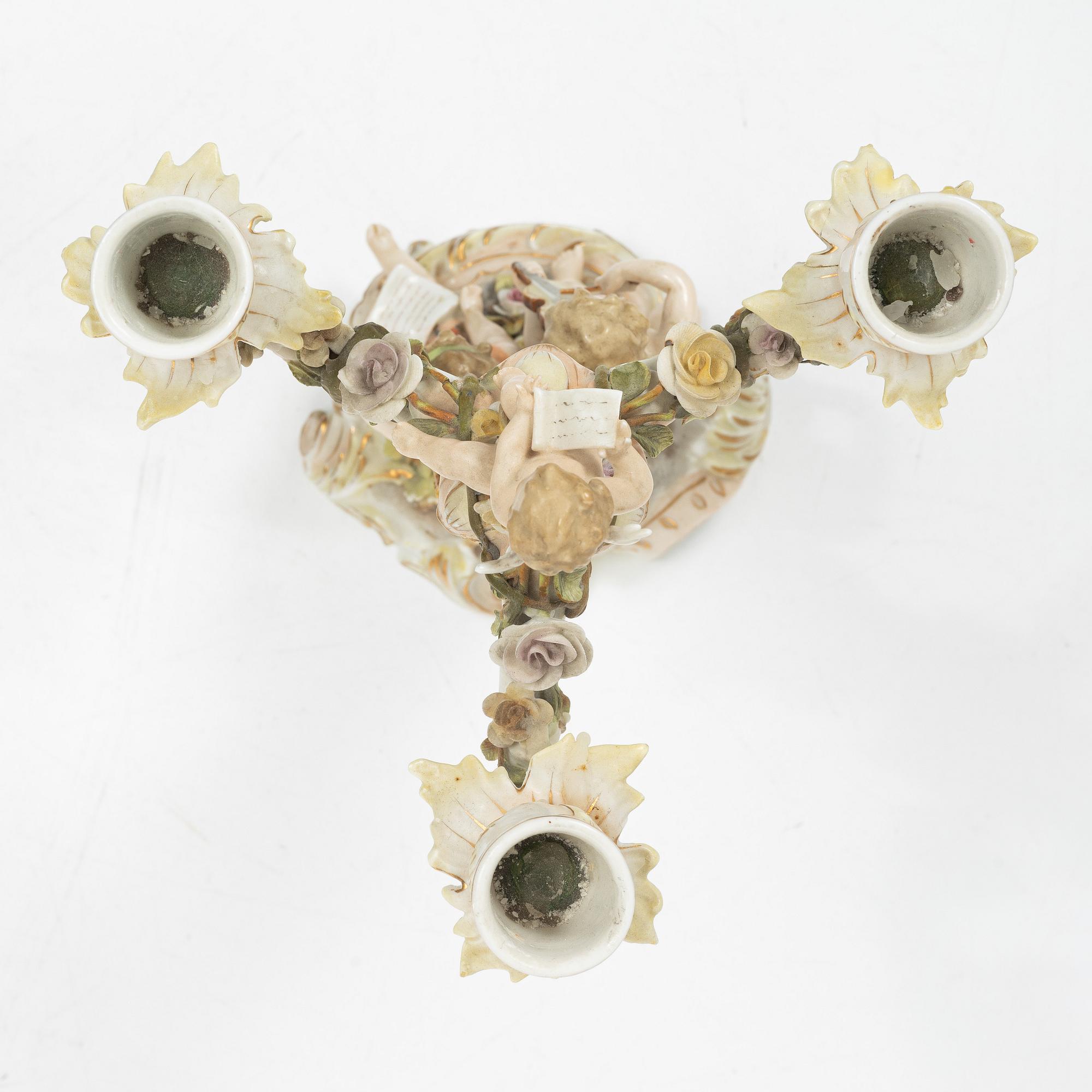 A pair of candelabra,  Meissen and Volkstedt, 19th–20th century.