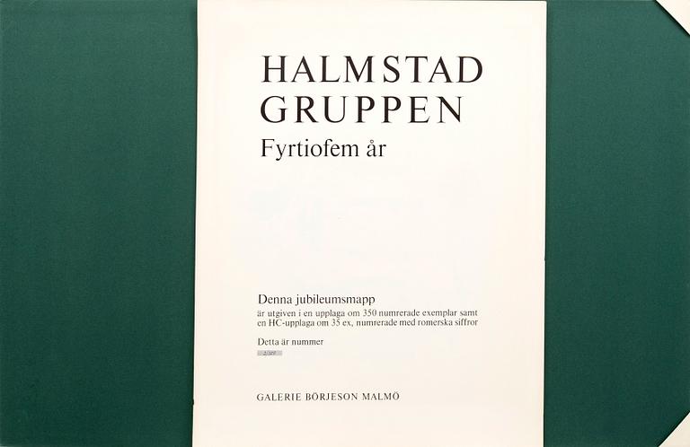 Halmstadgruppen Fyrtiofem år, mapp,  med 6 färglitografier, signerade och numrerade 2/350.