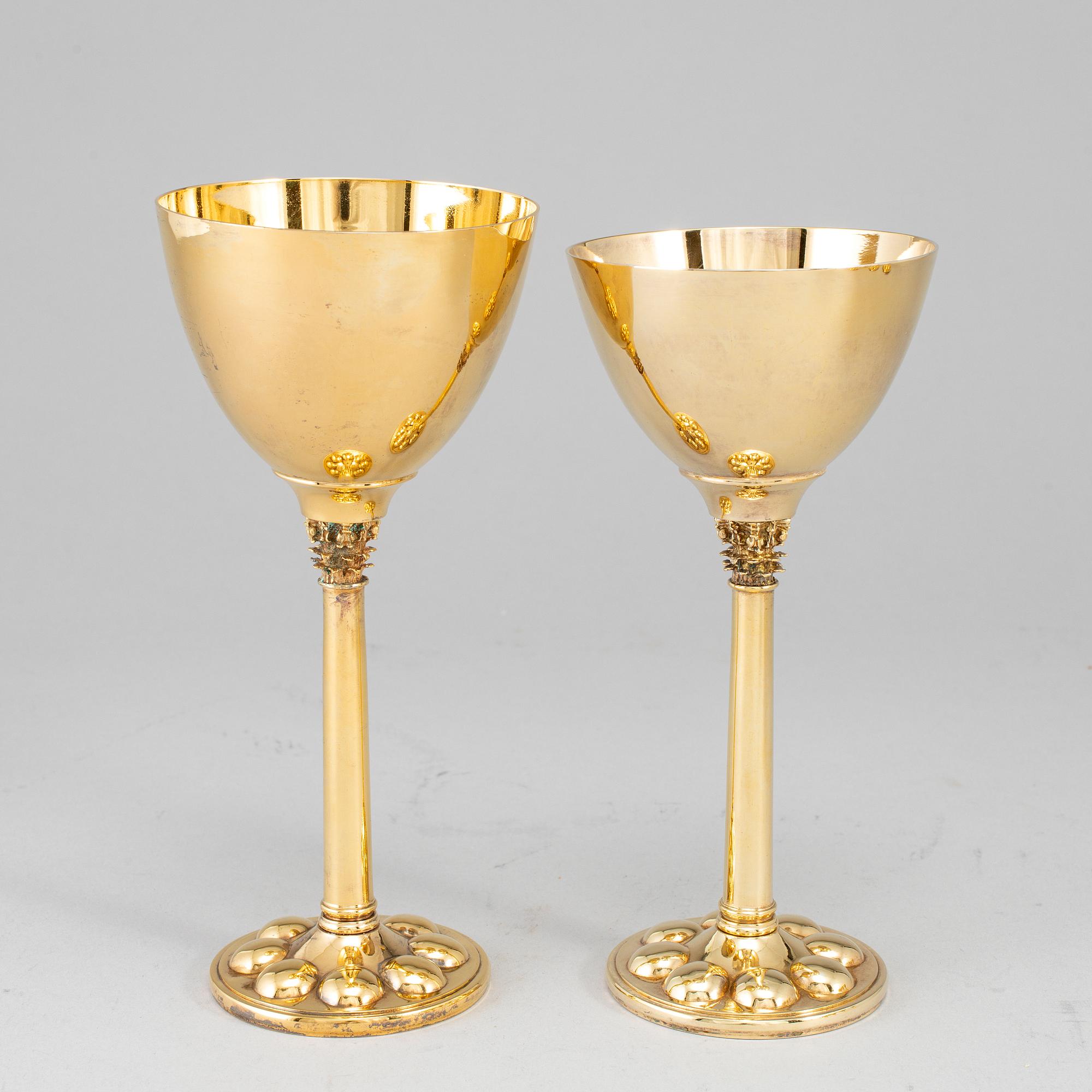 A set of twelve (6+6) goblets, gilt metal, Miguel Berrocal, Spain 20th century.
