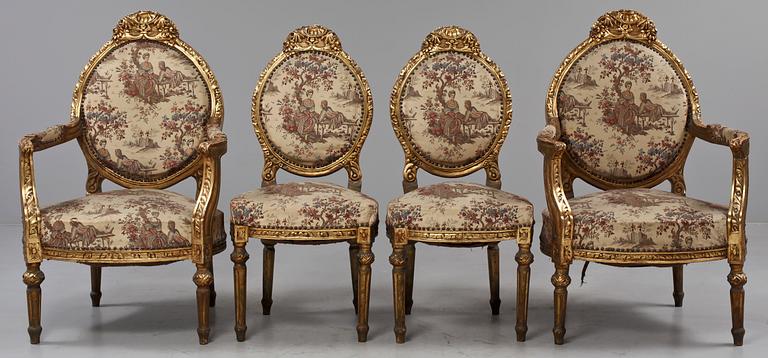 FÅTÖLJER, ett par samt STOLAR, ett par, Louis XVI-stil, 1900-tal.