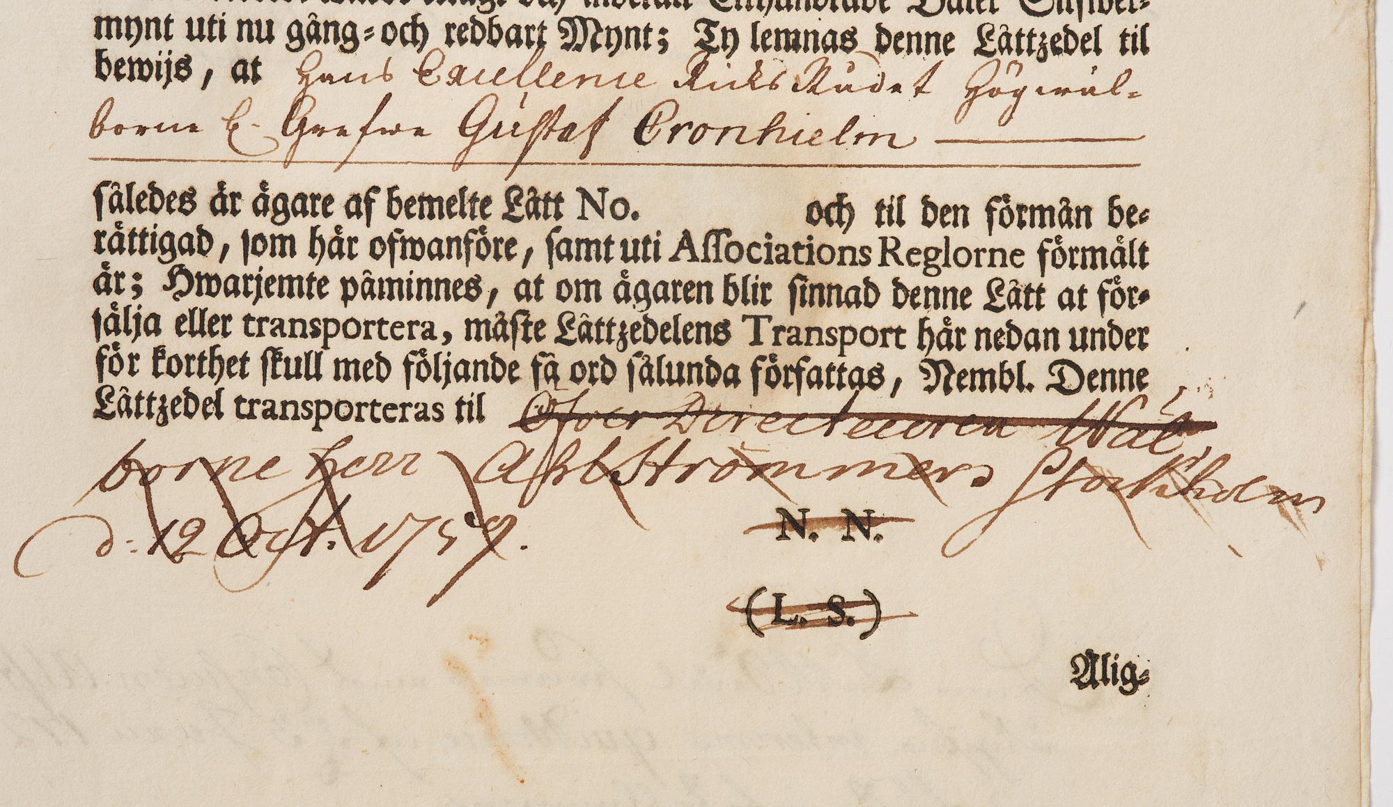 Aktiebrev, Ahlingsåhs Manufaktur Werk (Manufactur-Societet), No 43, 1728.