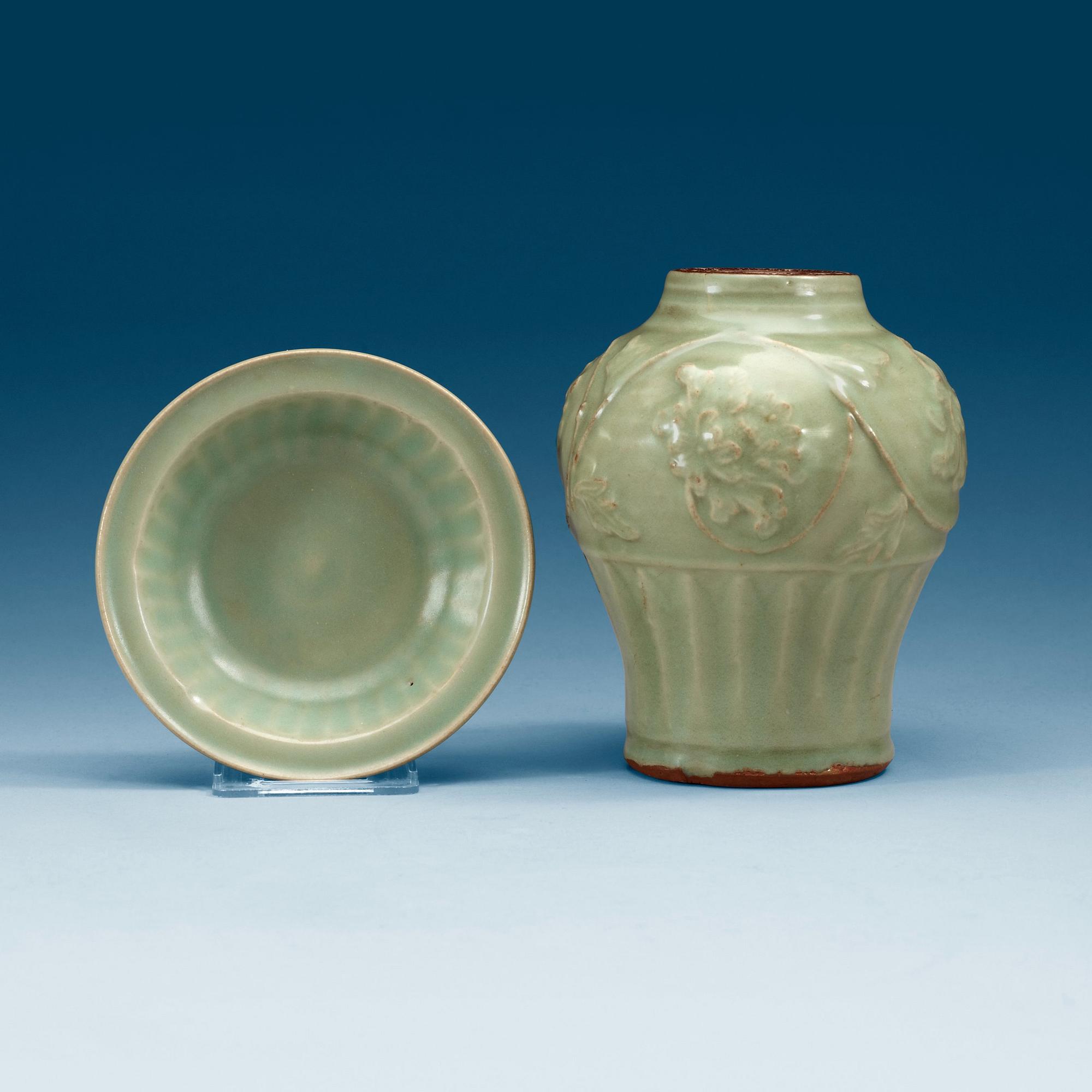 A celadon glazed vase and dish, Yuan/Ming dynasty.