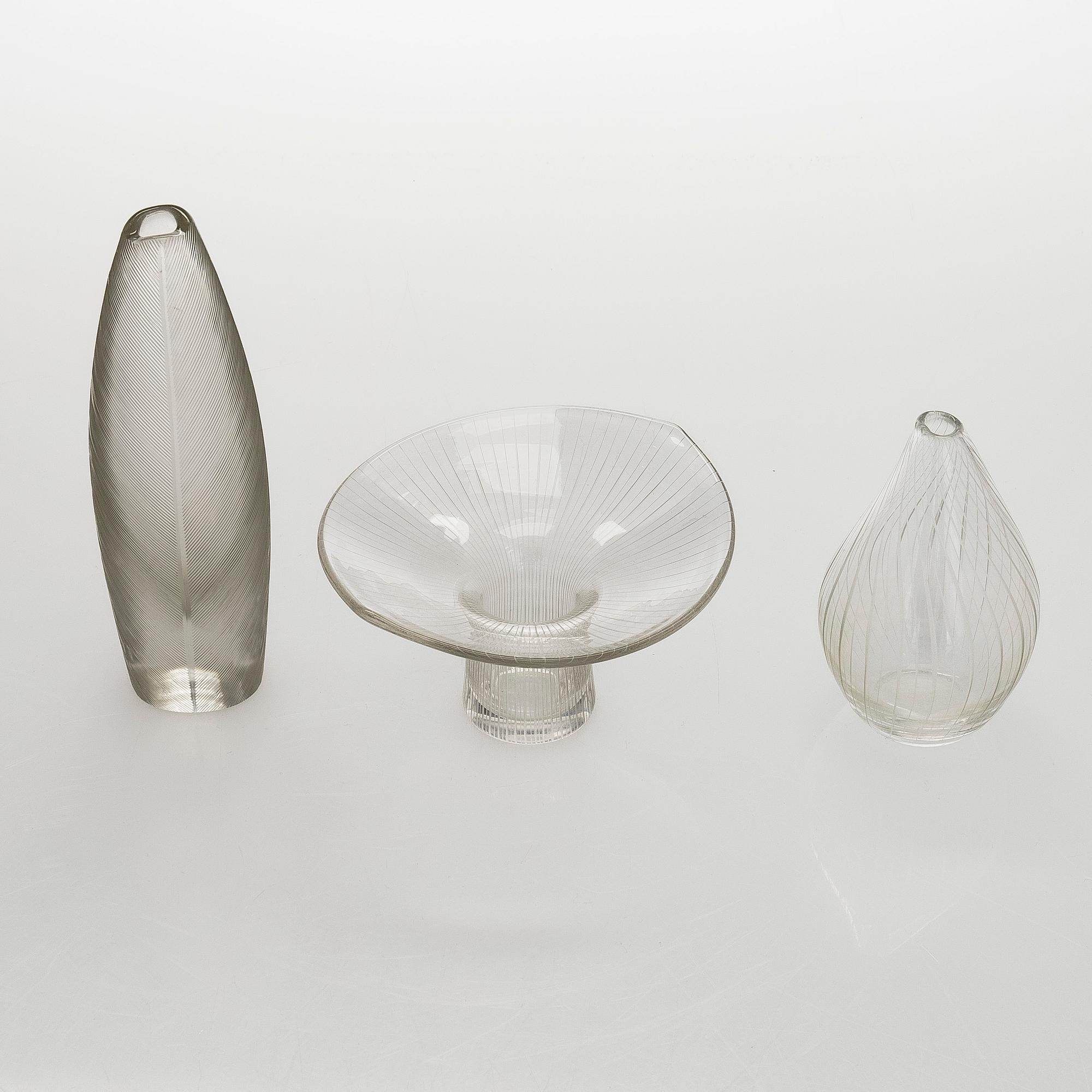 Tapio Wirkkala, Three glass vases / art glass objects, signed Tapio Wirkkala Iittala.
