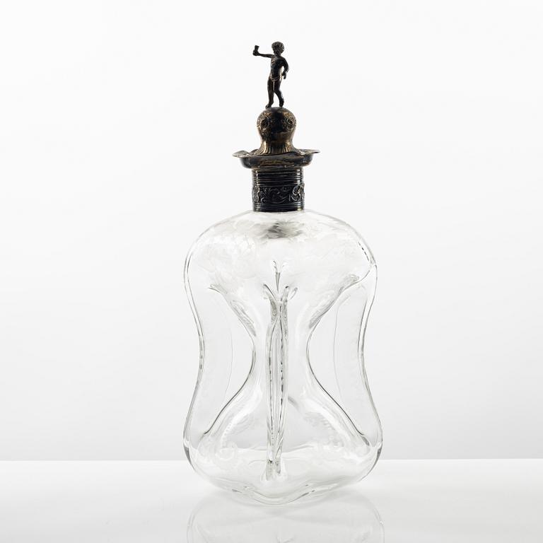 An etched glass and silver flask, later part of the 19th Century.