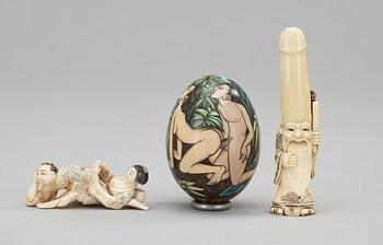 Two bone Japanese netsukes and wooden egg, 19th century.