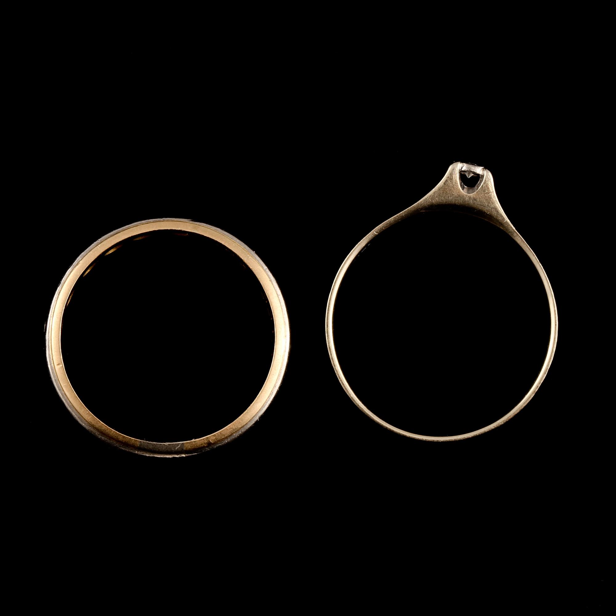 RINGAR, 2 st, 18k guld och vitguld med briljant och åttkantslipade diamanter. Total vikt 5 g.