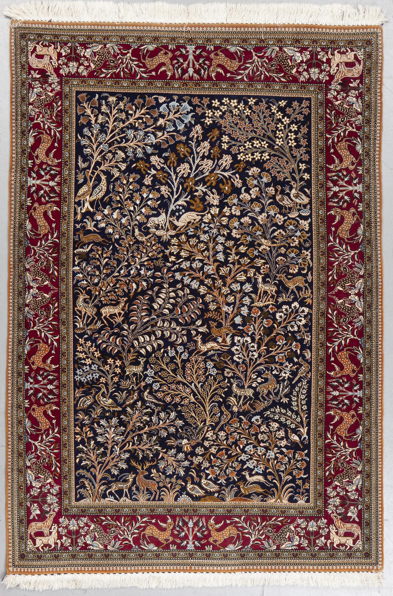 A rug, Old Qum, part silk, figural, ca 204 x 140 cm.