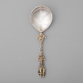 A German 17th century parcel-gilt silver spoon, unmarked, possibly Hamburg.