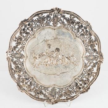 Two silver platters, presumably Wilhelm Weinranck, Hanau, and mock marks, Hanau, Germany, late 19th century.
