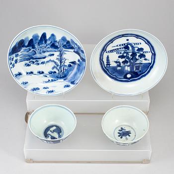 A group of four blue and white dishes and bowls, Ming and Qing dynasty.