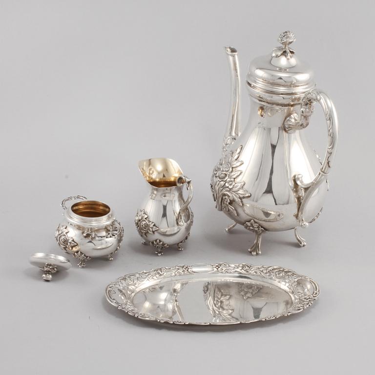 KAFFESERVIS, 4 delar, låghaltigt silver, 1900-tal, total vikt 1125 gram.