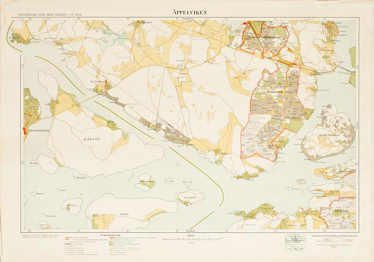 KARTOR, 12 st, fotolitografier, "Stockholms stad med omnejd", H. Hellberg  & A.E. Påhlman. Upprättad åren 1917-1924.