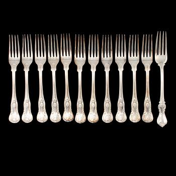 SMÖRGÅSGAFFLAR, 11+1 st, silver, mestadels CG Hallberg, Stockholm, omkring 1900-talets mitt. Vikt 335 g.