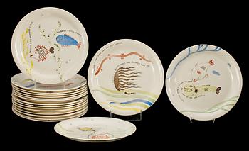 A set of eighteen Stig Lindberg creamware plates 'Löja', Gustavsberg 1948-62.