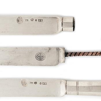 Gustaviansk, Knives, 10 pieces, silver, Pehr Zethelius and Adolf Zethelius, Stockholm, among others, 1804.