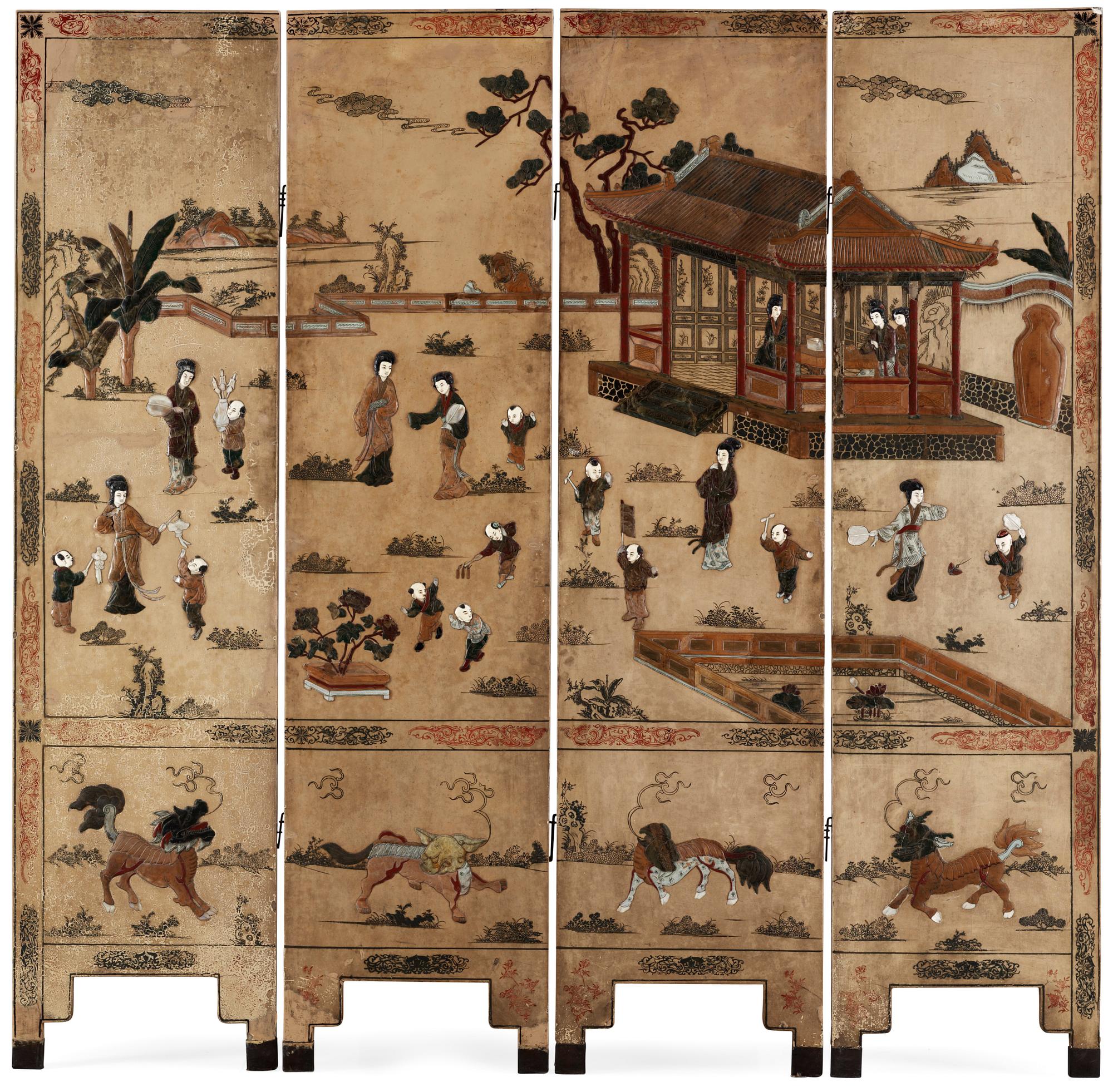 A painted and inlayed four-foulded screen, Qing dynasty (1644-1911).